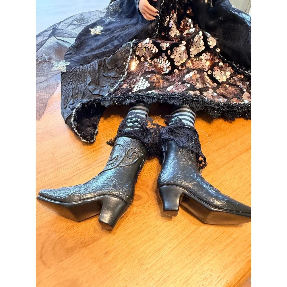 Halloween Sitting Witch Doll Sequined Gown‎ Crystal Ball Decor Black Copper 24